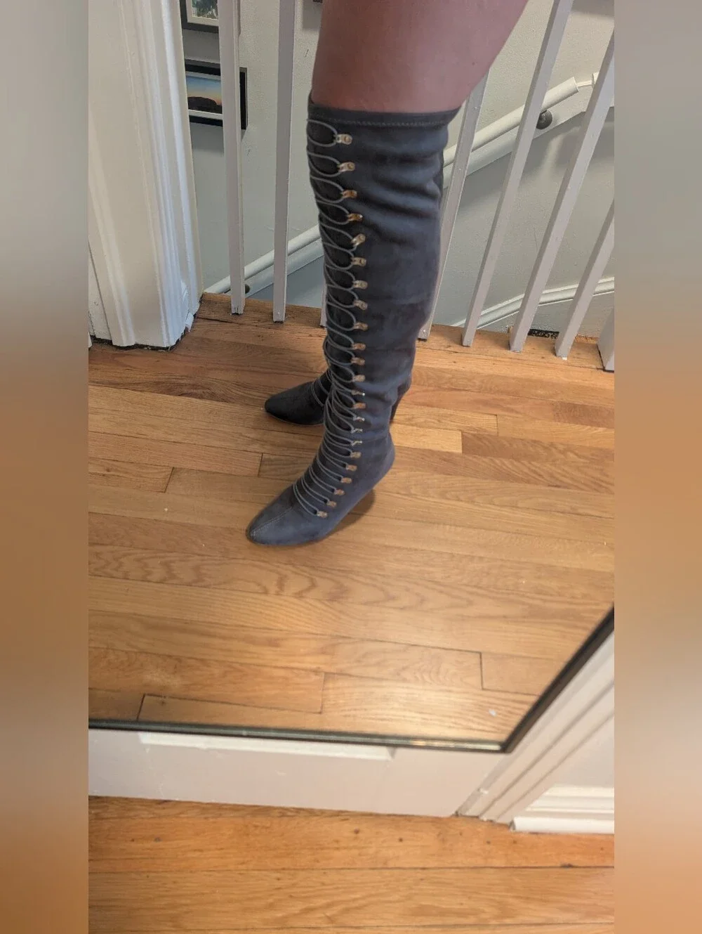 Gray Lace-Up Over-the-Knee Heeled Boots